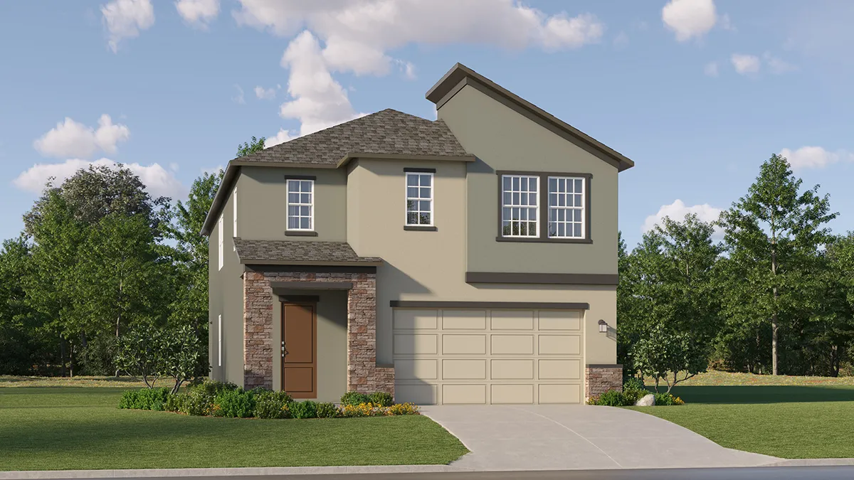 Modern two-story house with a gray roof, beige walls, stone accents, and a double garage. The front yard has green grass and shrubs, with trees and a blue sky in the background.