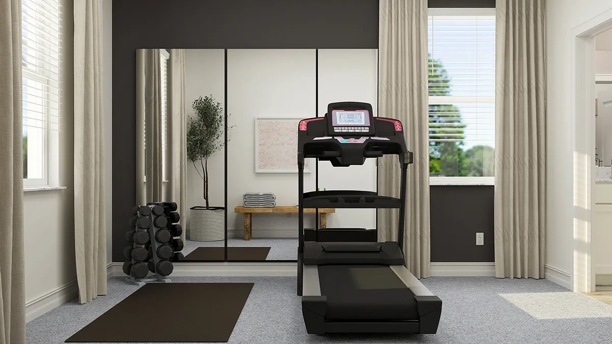 A home gym with a treadmill facing a large mirror, a set of free weights on a rack, exercise mats, and a potted plant, set in a bright room with beige curtains and two windows.