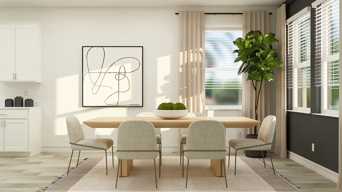 Modern dining room with a wooden table, six beige chairs, neutral rug, large abstract wall art, potted plant by the window, and natural light streaming through white blinds and cream curtains.