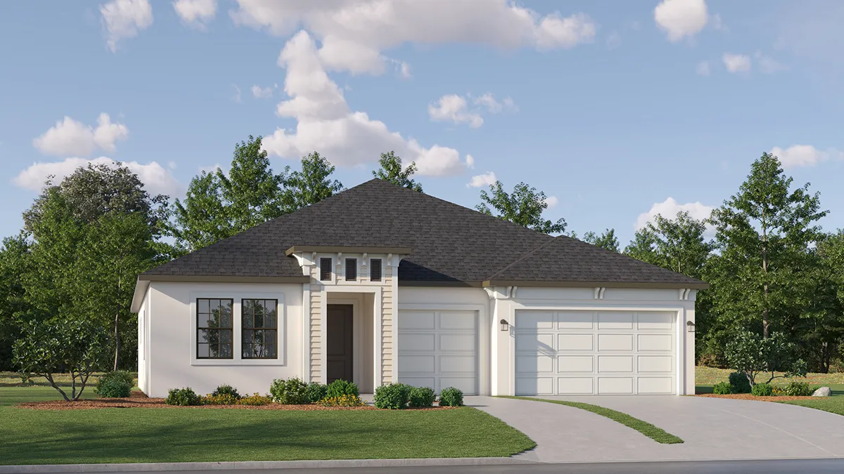 A modern single-story house with a light exterior, dark roof, and three-car garage. Large windows and minimal landscaping are visible, with trees and a blue sky in the background.