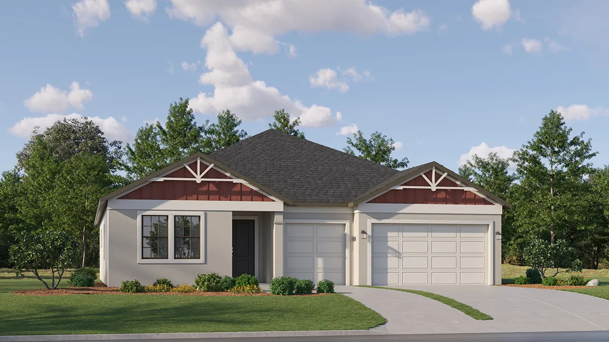 A modern single-story house with beige walls, dark gray roof, and red gables. It features a double garage, a front porch, and landscaped greenery with trees and shrubs under a partly cloudy sky.
