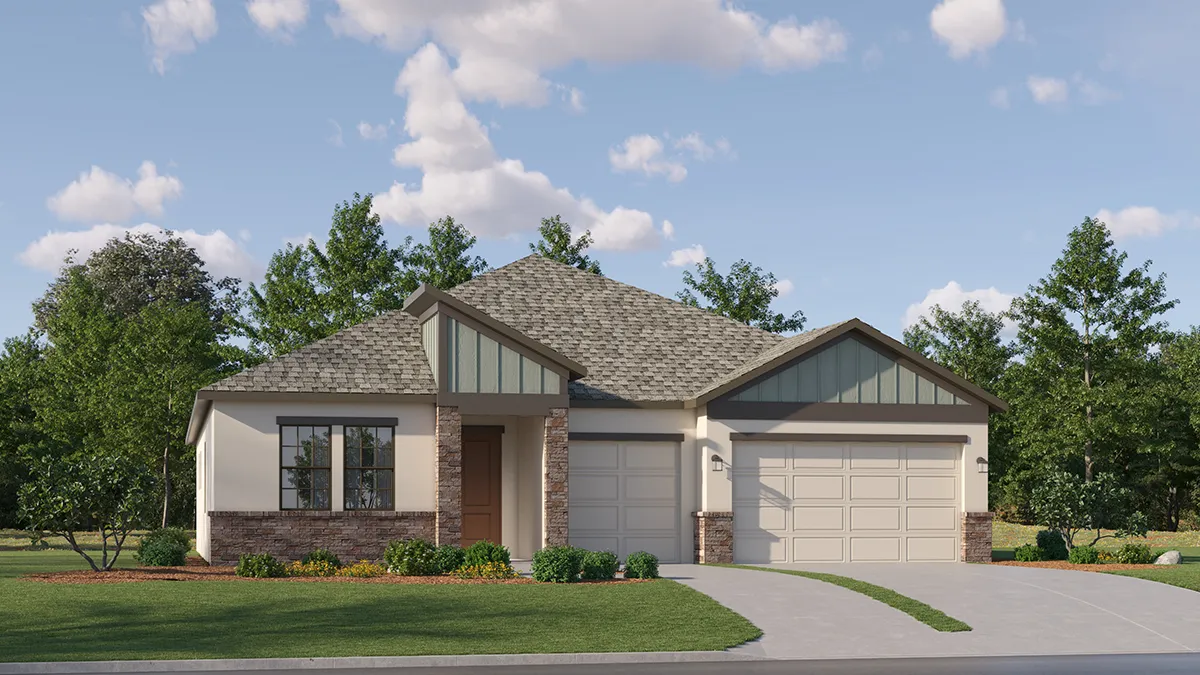 A modern single-story house with a gray shingle roof, brick and light-colored siding, three-car garage, and a well-kept lawn with shrubs. Trees and a blue sky with scattered clouds are in the background.