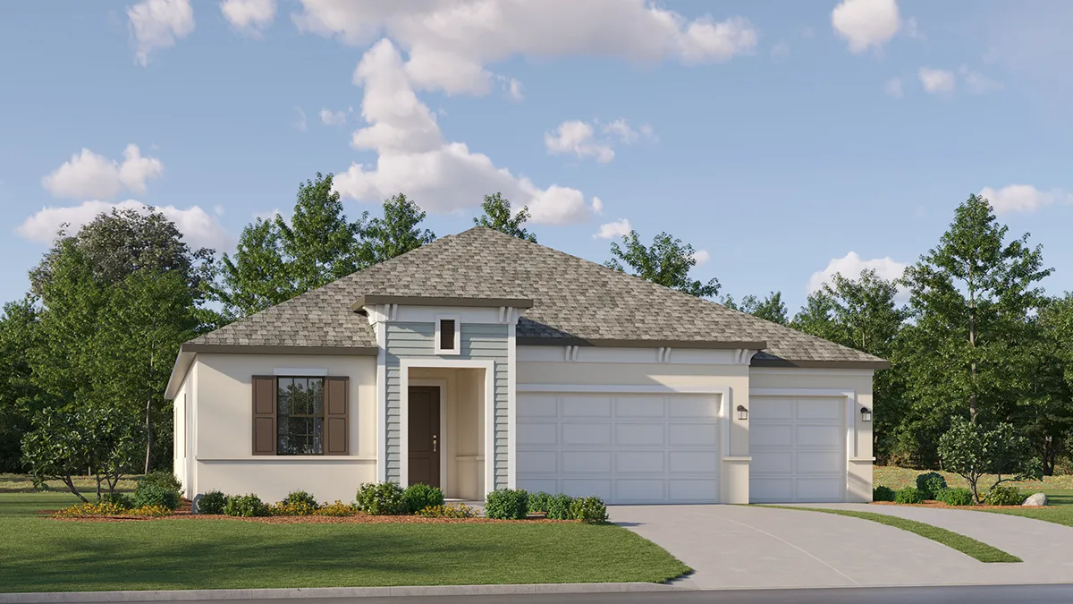 Single-story suburban house with a gabled roof, light-colored exterior walls, small covered entryway, and a three-car garage. Neatly trimmed lawn and shrubs, with trees and blue sky in the background.