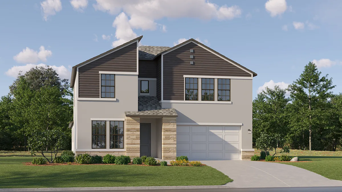 A modern two-story house with a gray and white exterior, large windows, a double garage, and a landscaped yard with green grass and bushes, set against a backdrop of trees and a blue sky with clouds.