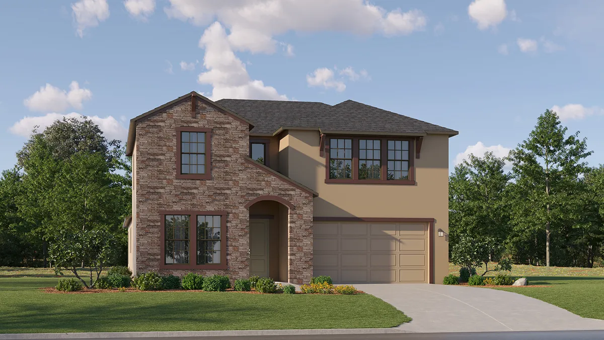 Two-story suburban house with a brick and stucco exterior, arched front entry, two-car garage, manicured lawn, and trees in the background under a partly cloudy sky.