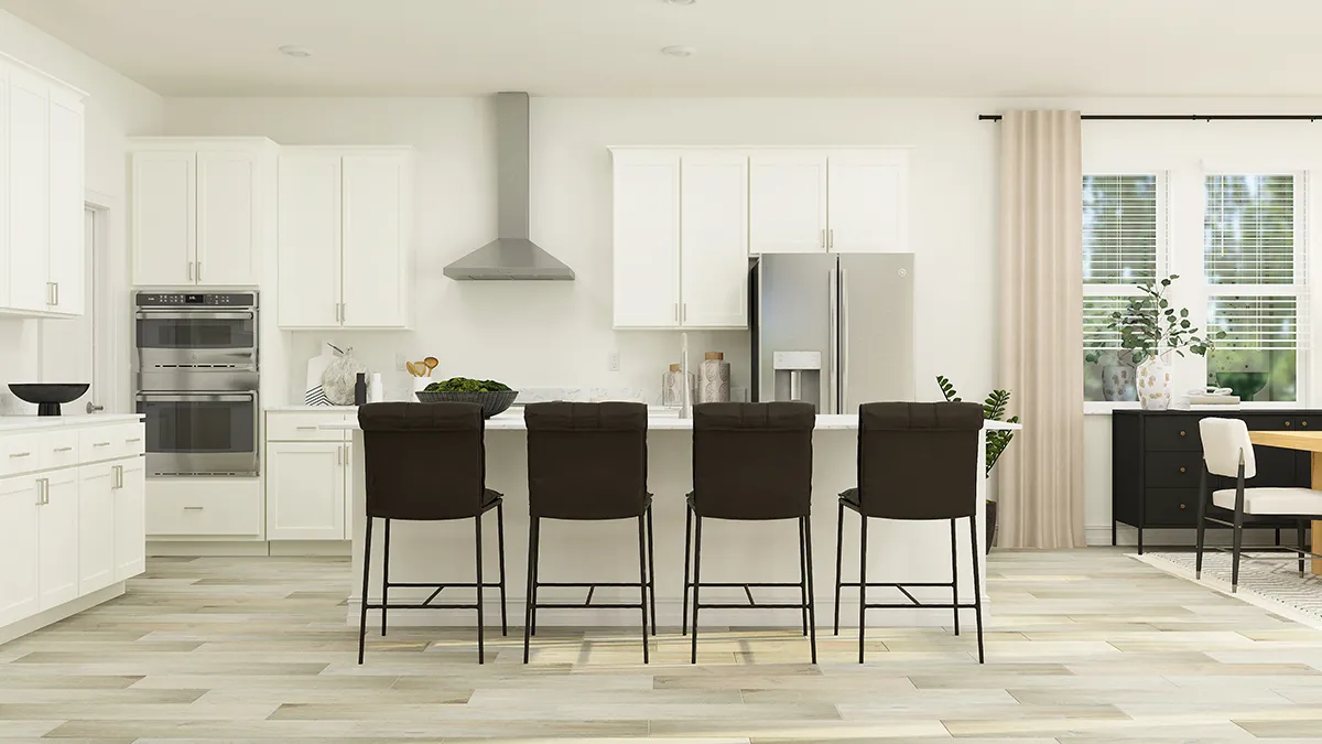 Modern kitchen with white cabinets, stainless steel appliances, island with four dark barstools, light wood flooring, and a dining area with a black sideboard and window with beige curtains.