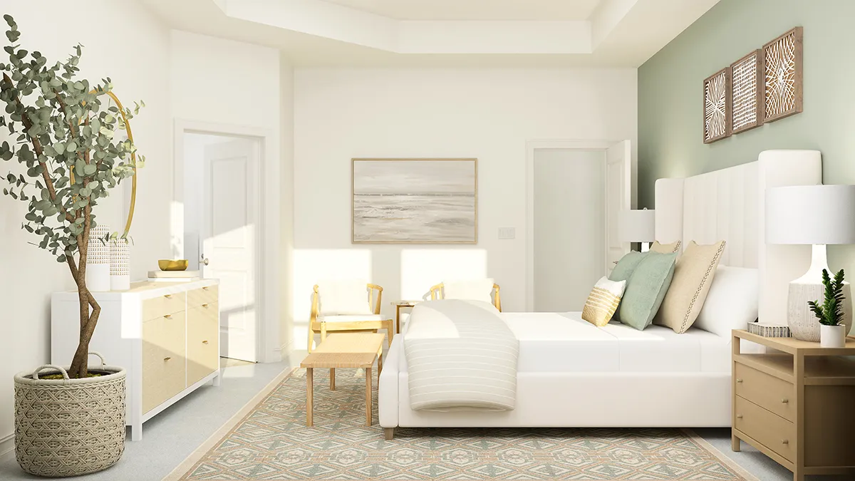Bright, modern bedroom with a white bed, pastel green accent wall, wooden nightstands and dresser, large plant in a woven basket, wall art, and natural light streaming in through an unseen window.