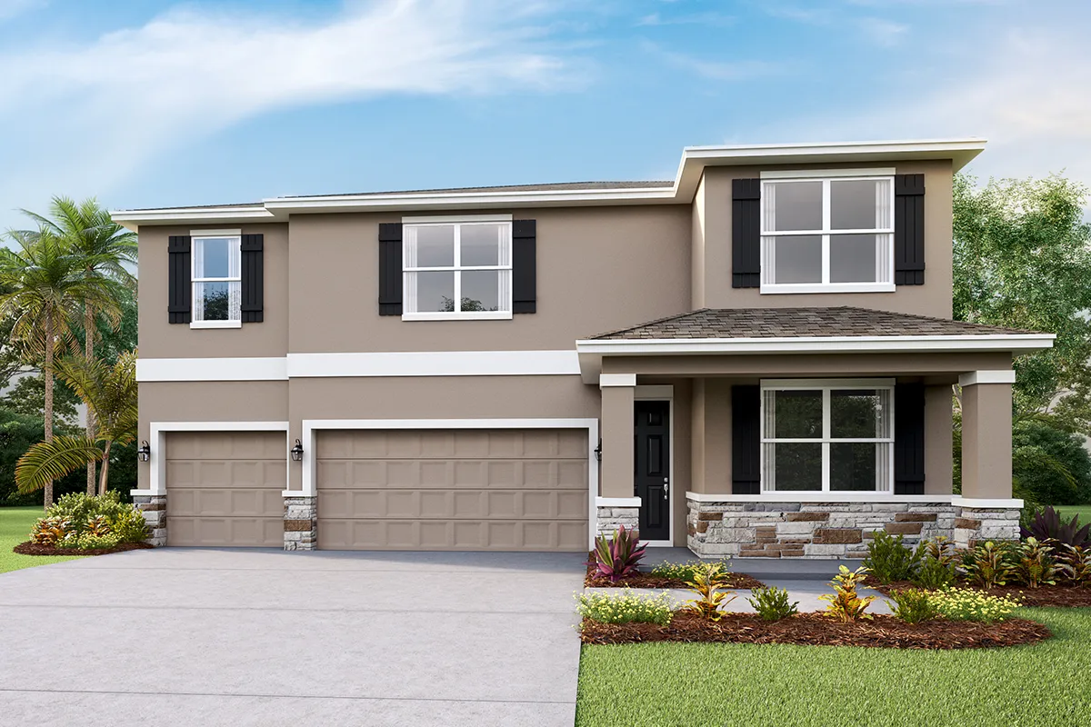 Two-story beige house with dark shutters, three-car garage, covered front porch with stone accents, landscaped yard, and palm trees in the background under a partly cloudy sky.