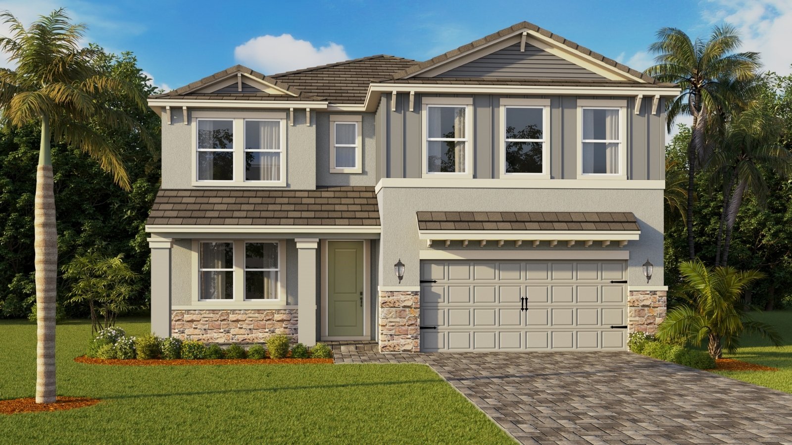 A two-story modern suburban house with gray siding, stone accents, a double garage, and a paved driveway, surrounded by green grass, palm trees, and lush landscaping under a blue sky.