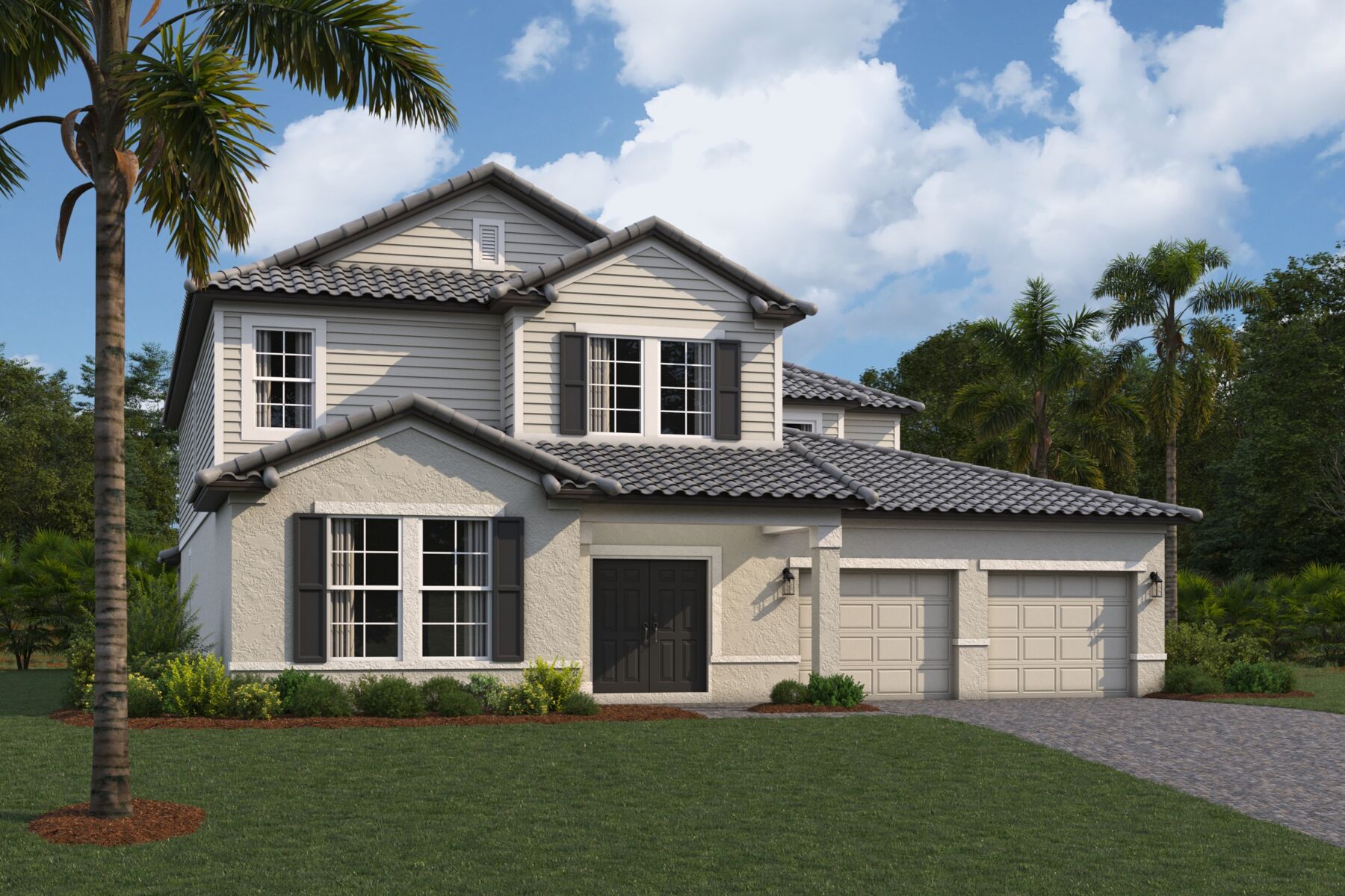 Two-story modern house with gray roof tiles, white and beige exterior, black shutters, double front doors, two-car garage, landscaped yard, palm trees, and a paved driveway under a partly cloudy sky.