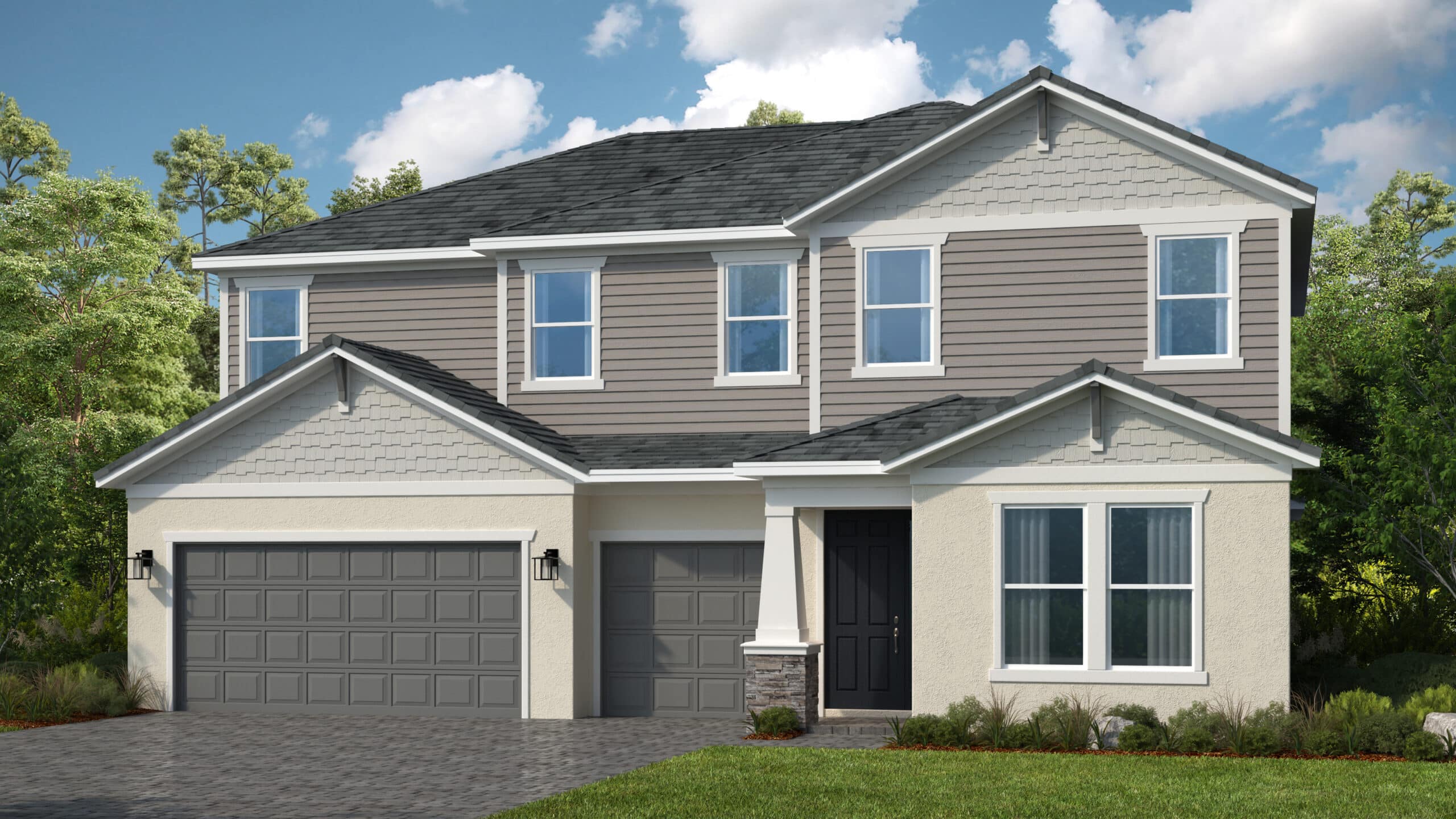 Two-story suburban house with gray siding, light-colored stucco, a dark roof, three-car garage, black front door, and neatly landscaped yard, set against a backdrop of trees and a partly cloudy sky.