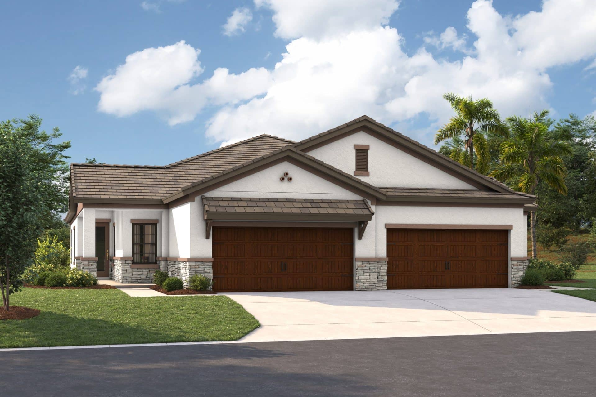 A modern, single-story house with white walls, stone accents, a brown tiled roof, and three large wooden garage doors, set against a blue sky with clouds and surrounded by green lawn and palm trees.