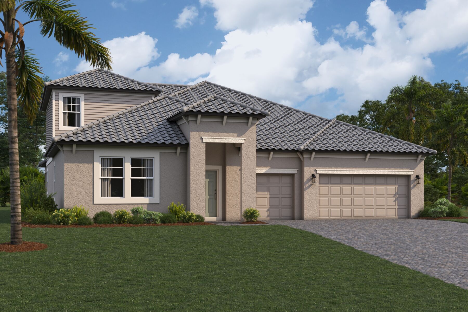 Modern two-story house with light beige exterior, gray tiled roof, three-car garage, large windows, and a well-maintained lawn with palm trees and shrubs under a partly cloudy sky.