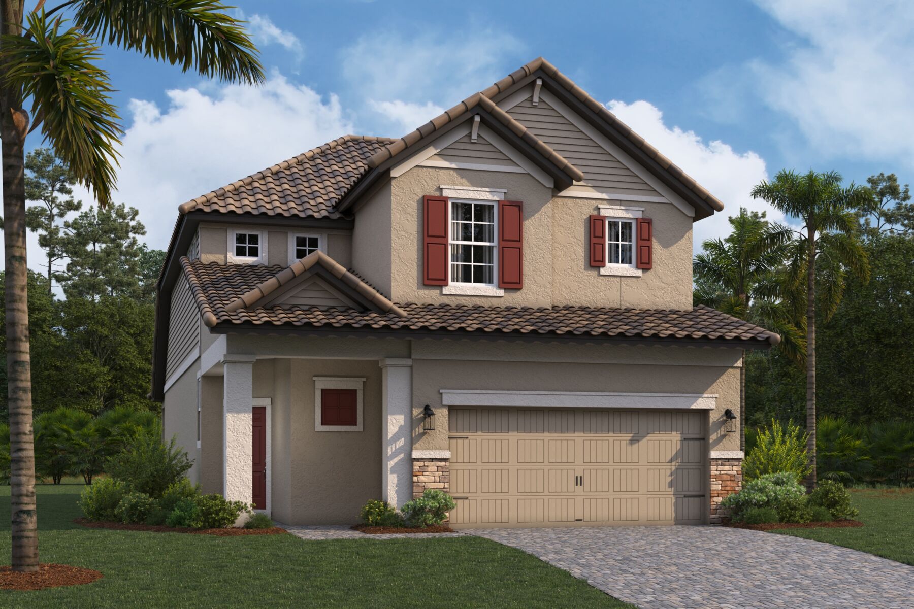 Two-story beige house with red shutters, a tan tiled roof, and a double garage. Palm trees and green landscaping surround the home, with a blue sky and clouds in the background.