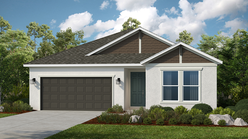Single-story suburban house with a gray garage door, white exterior, dark roof, and brown trim. There are two large front windows, a green front door, and landscaped shrubs and trees surrounding the house.