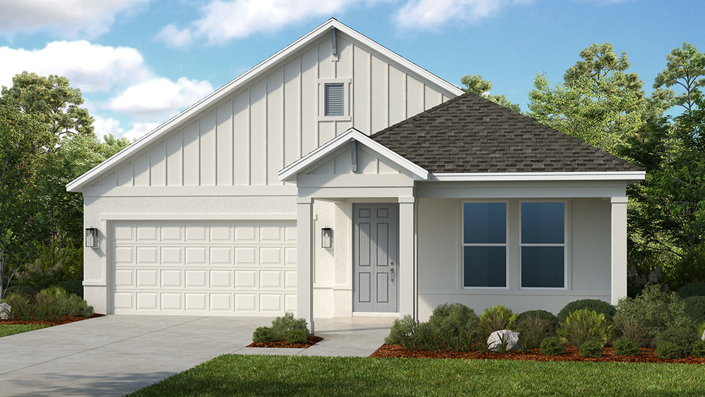 A modern single-story house with white siding, a gray shingled roof, a front porch, double garage, and a neatly landscaped yard with bushes and grass. Trees and a partly cloudy sky are in the background.