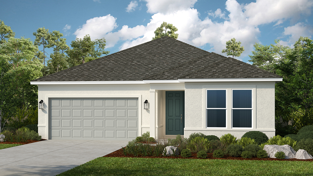 A single-story house with light-colored walls, a dark gray hip roof, a double garage, and a green front door. Trimmed bushes and small trees line the front yard under a partly cloudy sky.
