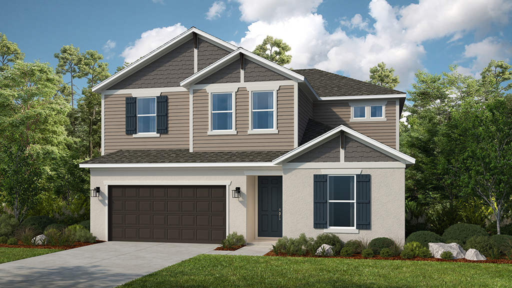 A modern two-story house with brown and gray siding, white trim, black shutters, a dark garage door, and a front yard with shrubs and trees, set under a partly cloudy sky.