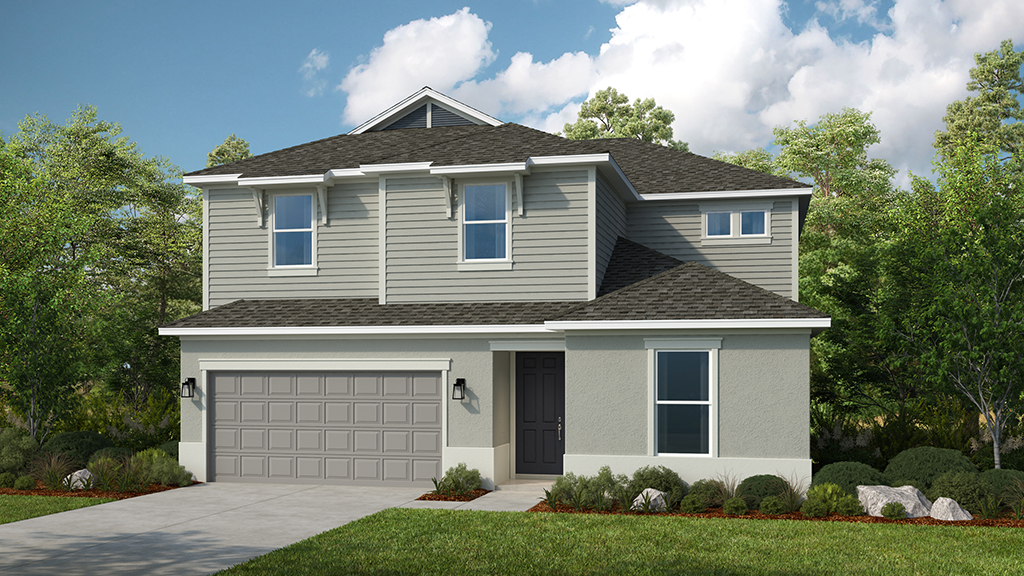 A modern two-story suburban house with gray siding, a two-car garage, dark front door, manicured lawn, shrubs, and trees under a partly cloudy sky.