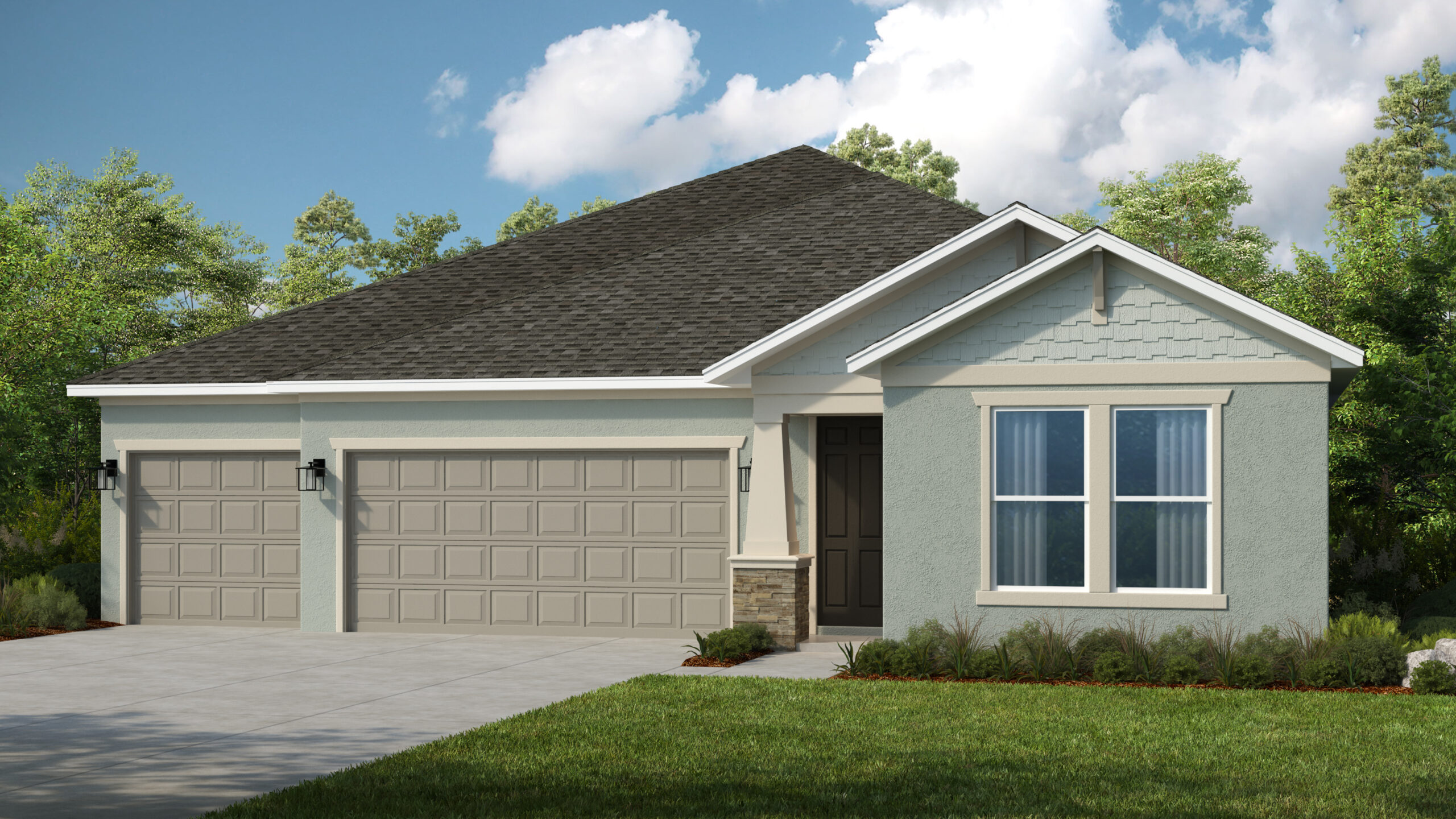 Single-story suburban house with three-car garage, light blue-gray exterior, dark shingle roof, white trim, front lawn, and shrubs, set against a backdrop of trees and a partly cloudy sky.