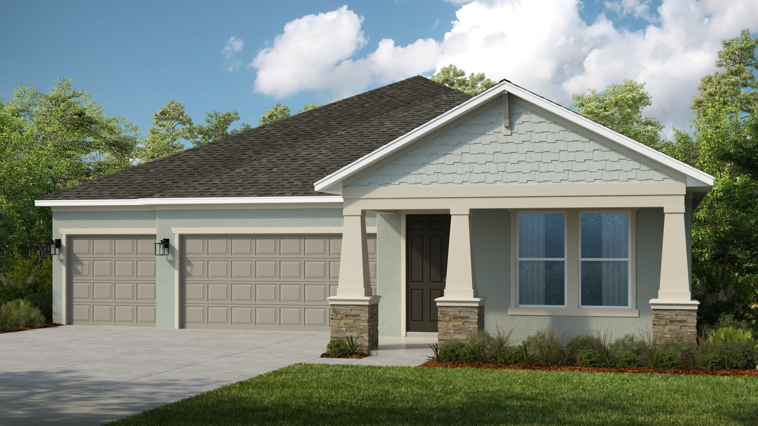 A modern single-story house with a gray exterior, dark shingled roof, front porch with columns, double garage, and neatly landscaped yard, set against a backdrop of trees and a blue sky with clouds.