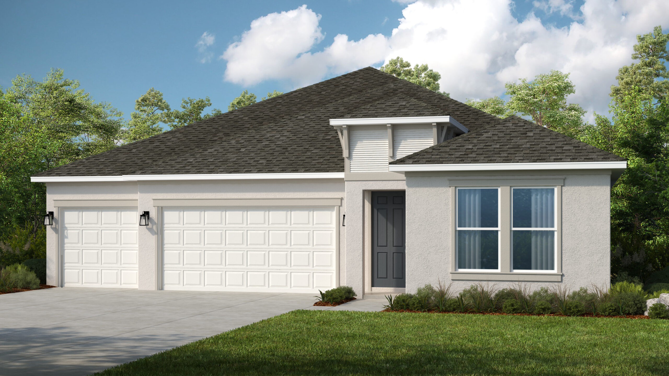 Modern single-story house with light-colored exterior, dark gray shingled roof, three-car garage, front door with sidelights, and landscaped lawn, set against a background of trees and a partly cloudy sky.