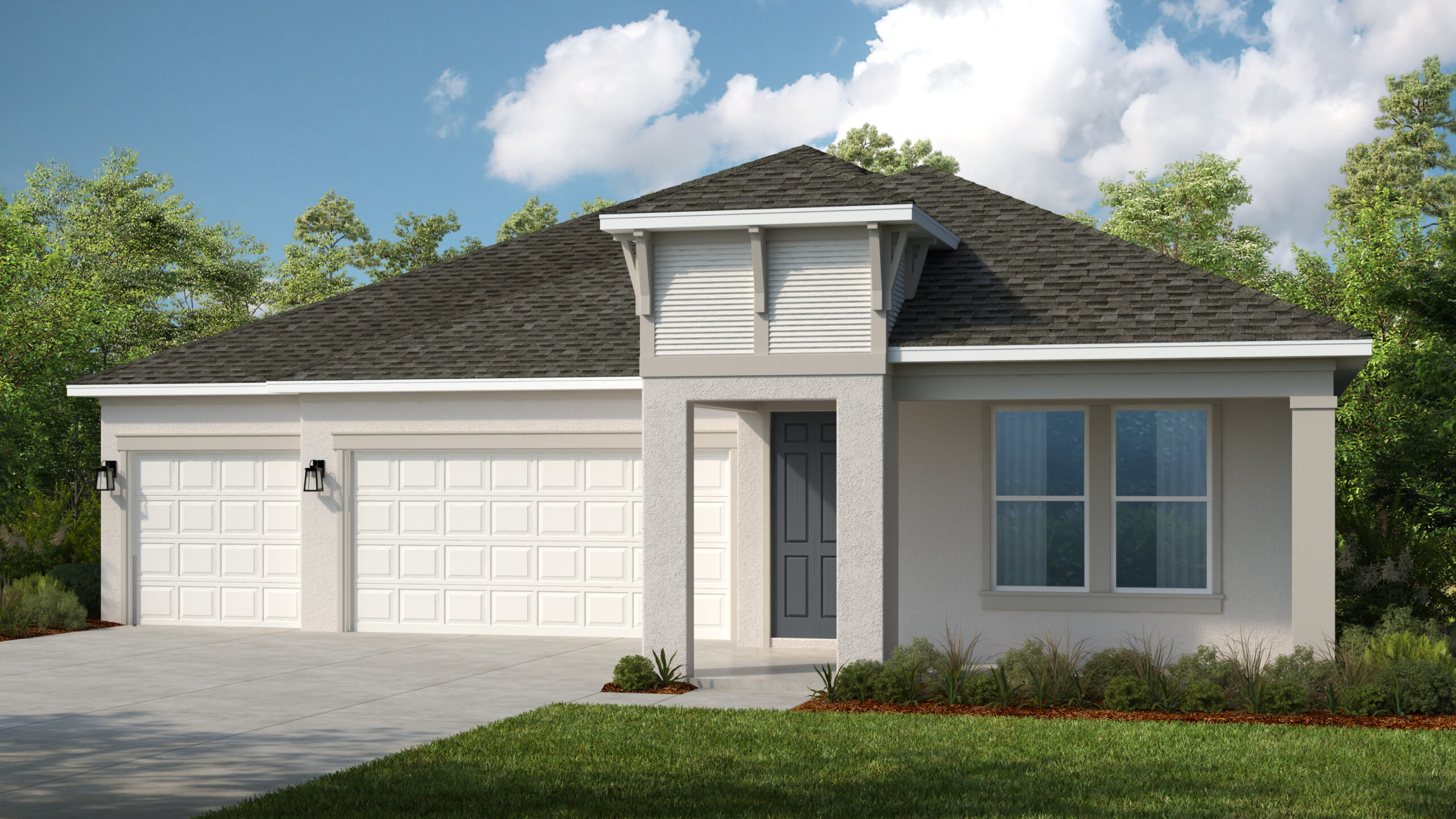 A modern, single-story house with a three-car garage, light-colored exterior walls, dark shingle roof, and a front lawn with shrubs, set against a backdrop of trees and a partly cloudy sky.