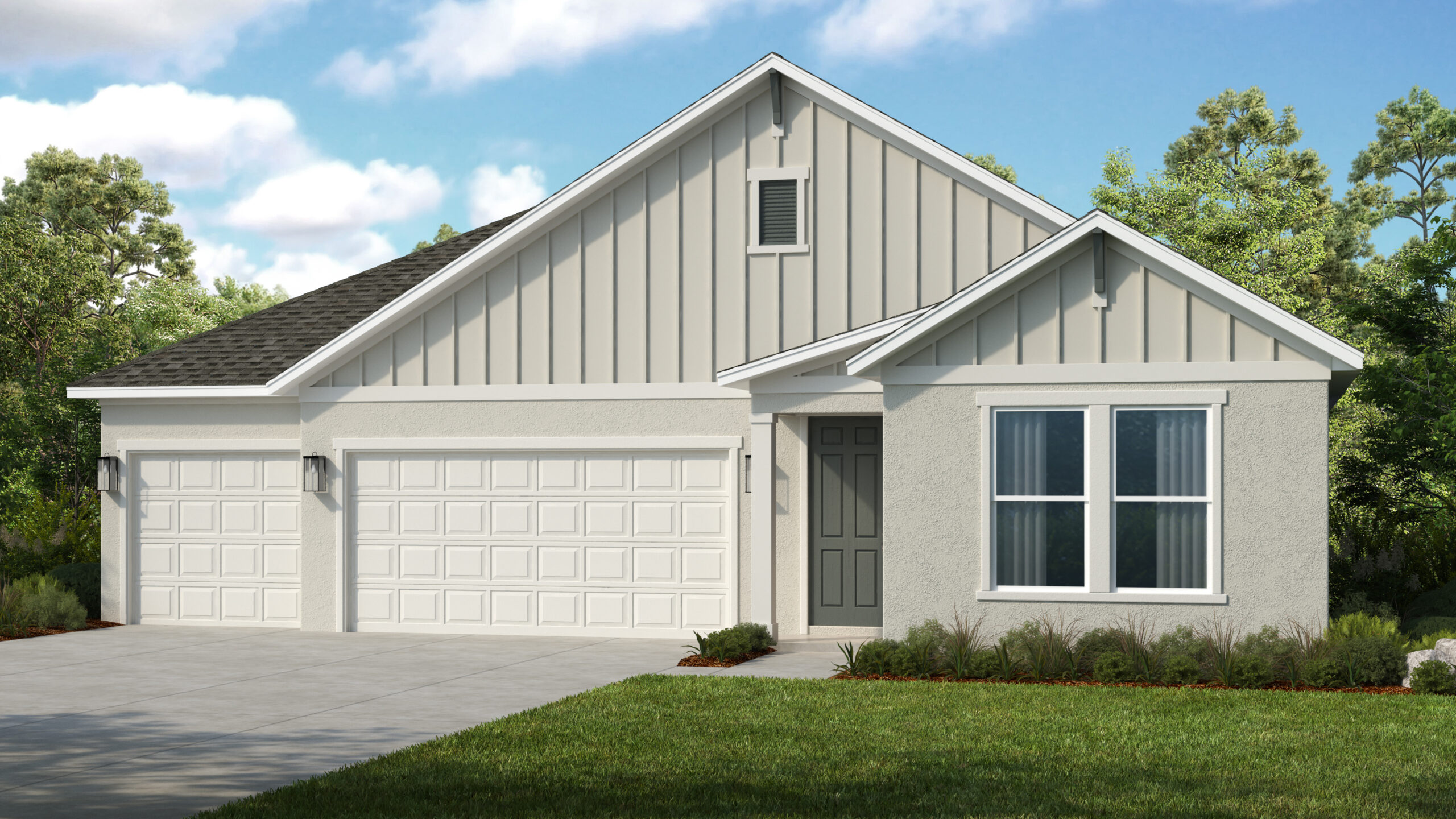 A single-story modern suburban house with light gray siding, white trim, a gray front door, large windows, and a three-car garage, surrounded by green grass and trees under a partly cloudy sky.