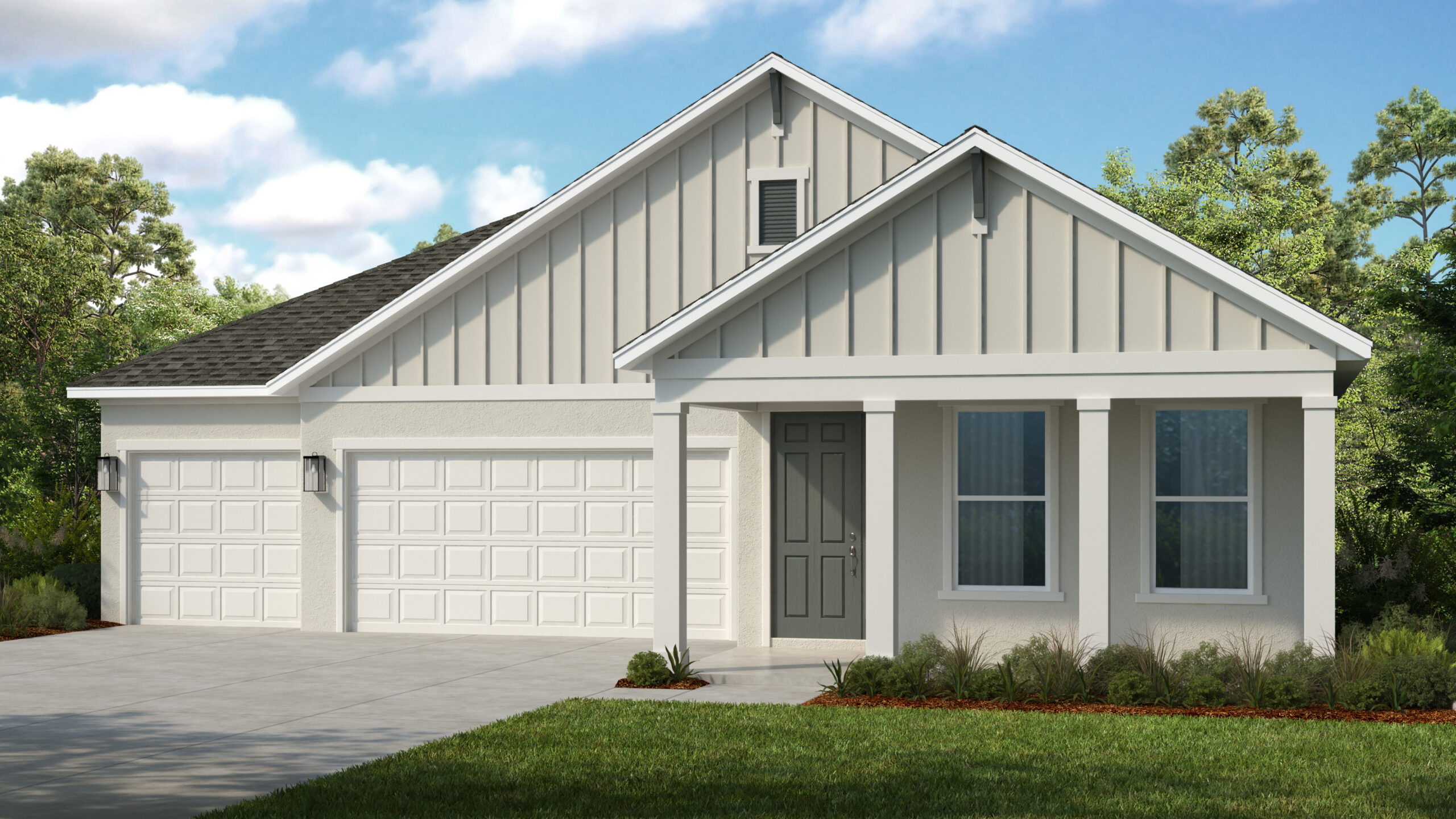 A modern single-story house with light-colored siding, a gray shingled roof, a covered entryway, two front windows, and a three-car garage, surrounded by landscaping and trees under a partly cloudy sky.