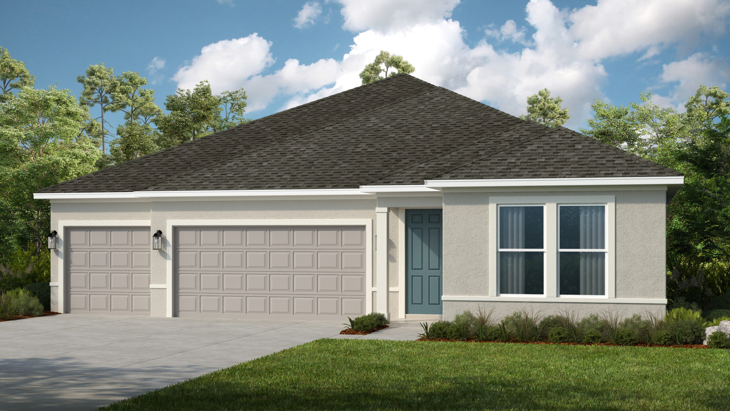 Single-story beige house with a dark gray roof, three-car garage, blue front door, and small bushes out front. The house sits on a lush green lawn, with trees and a partly cloudy sky in the background.