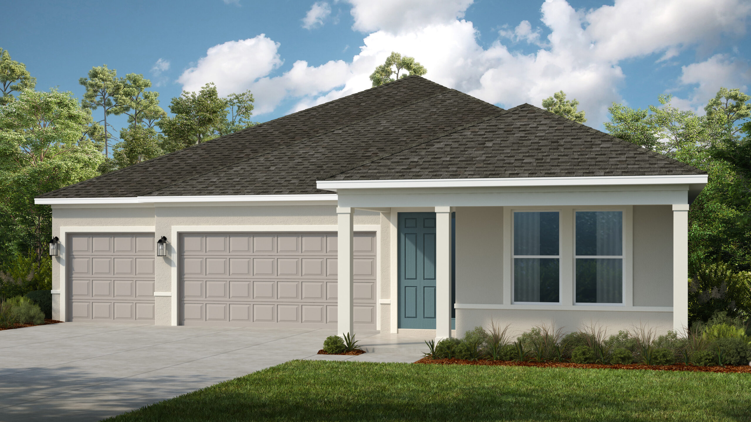 A modern single-story house with a dark gray gabled roof, three-car garage, a light blue front door, beige exterior walls, and a small covered front porch, set against a backdrop of trees and blue sky.