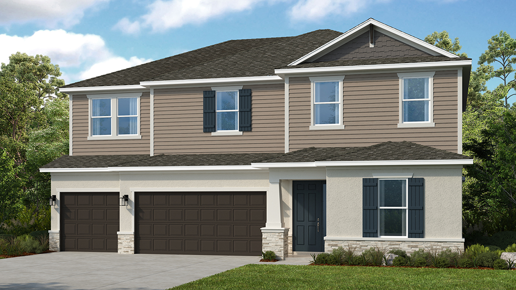 Two-story suburban house with brown siding, black shutters, a dark front door, and a three-car garage. The house has a gray shingle roof and is surrounded by greenery and a blue sky with clouds.