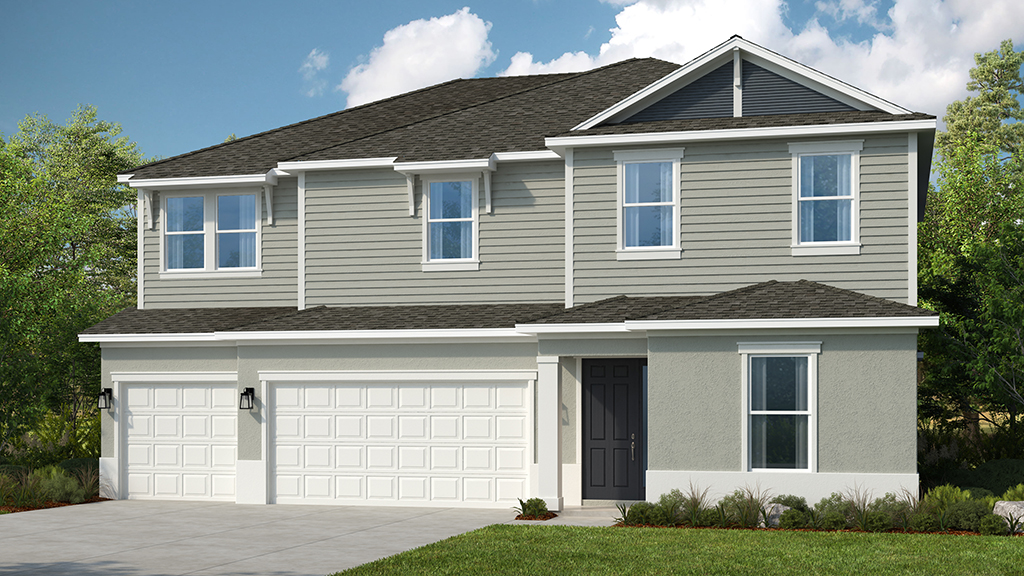 Two-story modern suburban house with light gray siding, white trim, a dark gray roof, double garage doors, a black front door, and a small front yard with green shrubs, set against a blue sky with clouds.