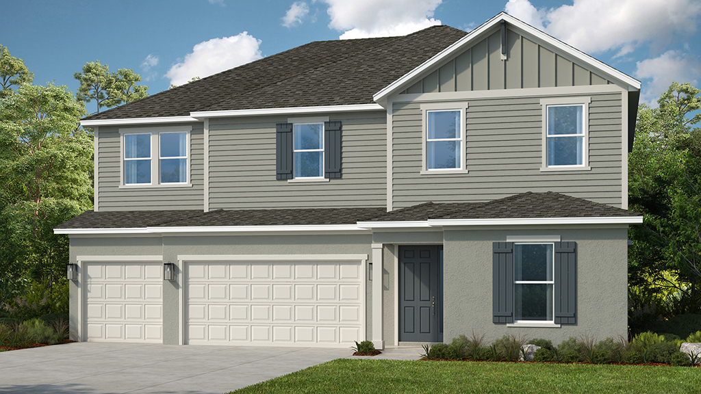 A two-story suburban house with gray siding, white trim, three-car garage, black shutters, and a dark front door, surrounded by greenery under a partly cloudy sky.