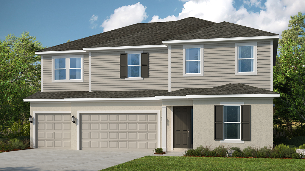 Two-story suburban house with beige siding, black shutters, a dark front door, and a three-car garage. The home is surrounded by green trees and shrubs under a partly cloudy sky.