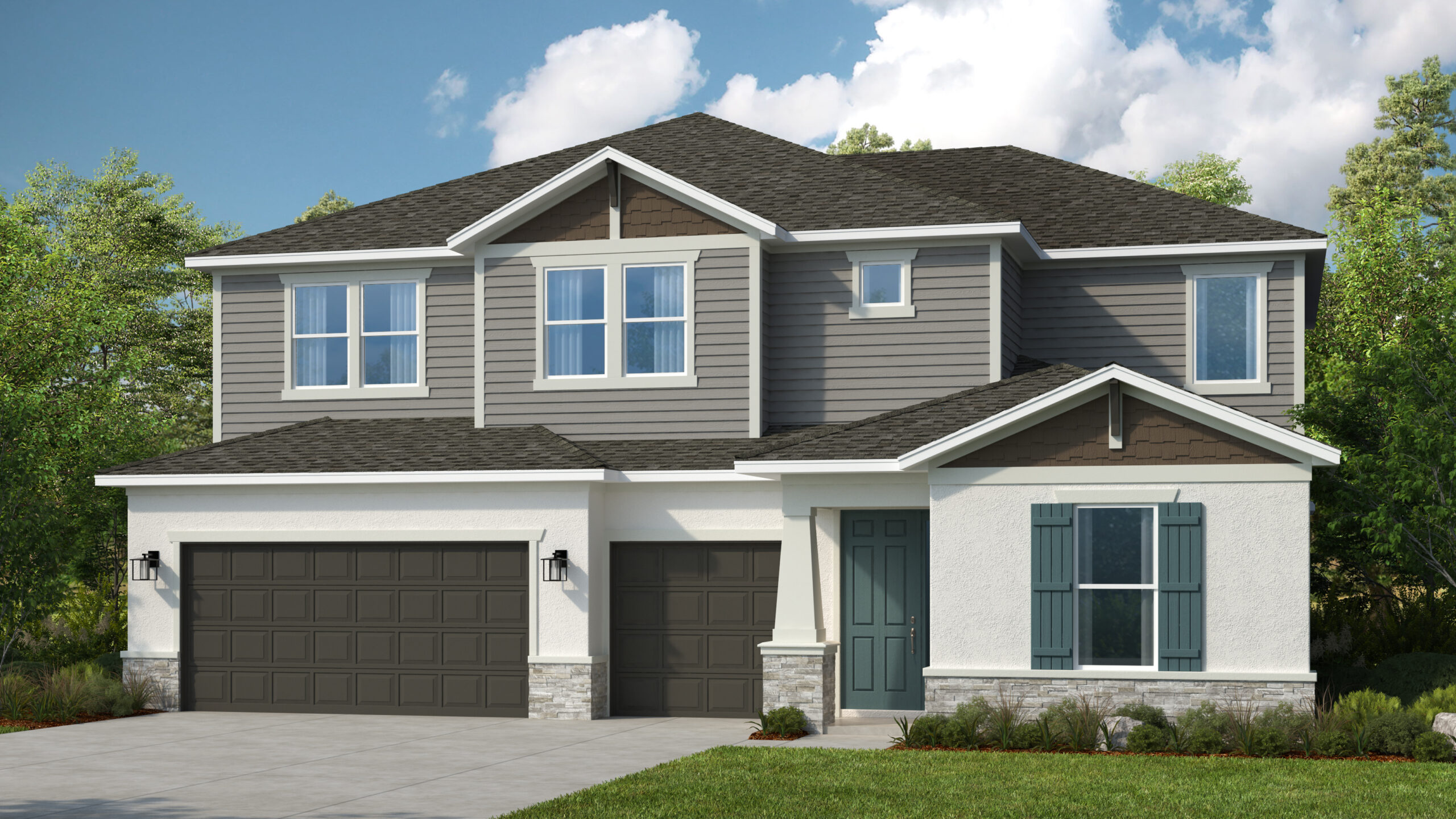 Two-story suburban house with gray siding, white trim, dark shingle roof, and three-car garage. The front features multiple windows, green shutters, a stone accent, and a well-kept lawn under a partly cloudy sky.