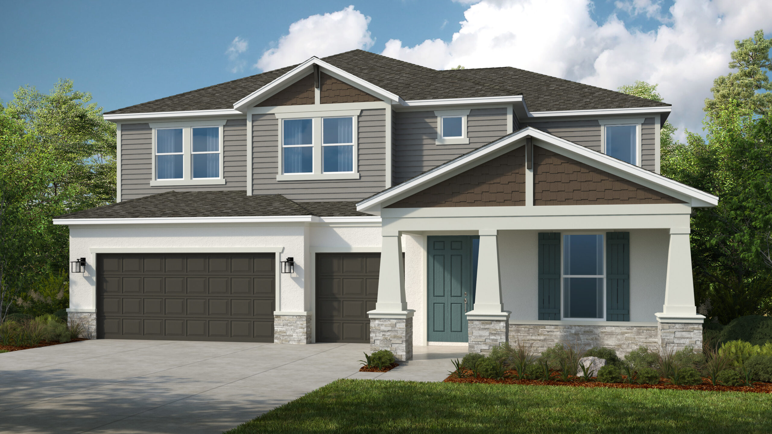 A two-story suburban house with gray siding, white trim, brown accents, a covered front porch, three-car garage, and a green door, surrounded by grass, shrubs, and trees under a partly cloudy sky.