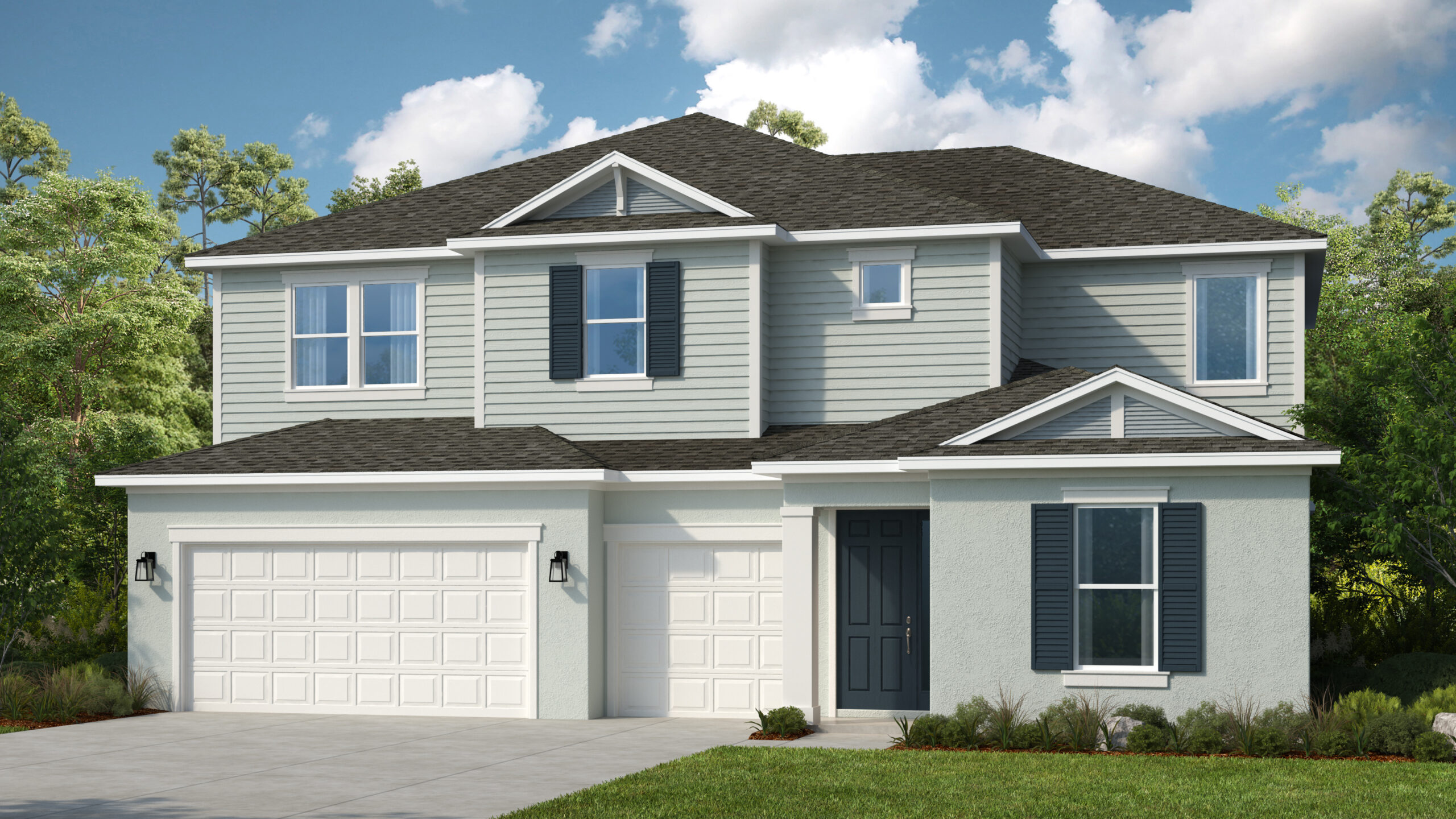 A two-story suburban house with light gray siding, dark gray shutters, and a dark roof. The home has a three-car garage, black front door, and small landscaped bushes in front. The sky is partly cloudy with trees in the background.