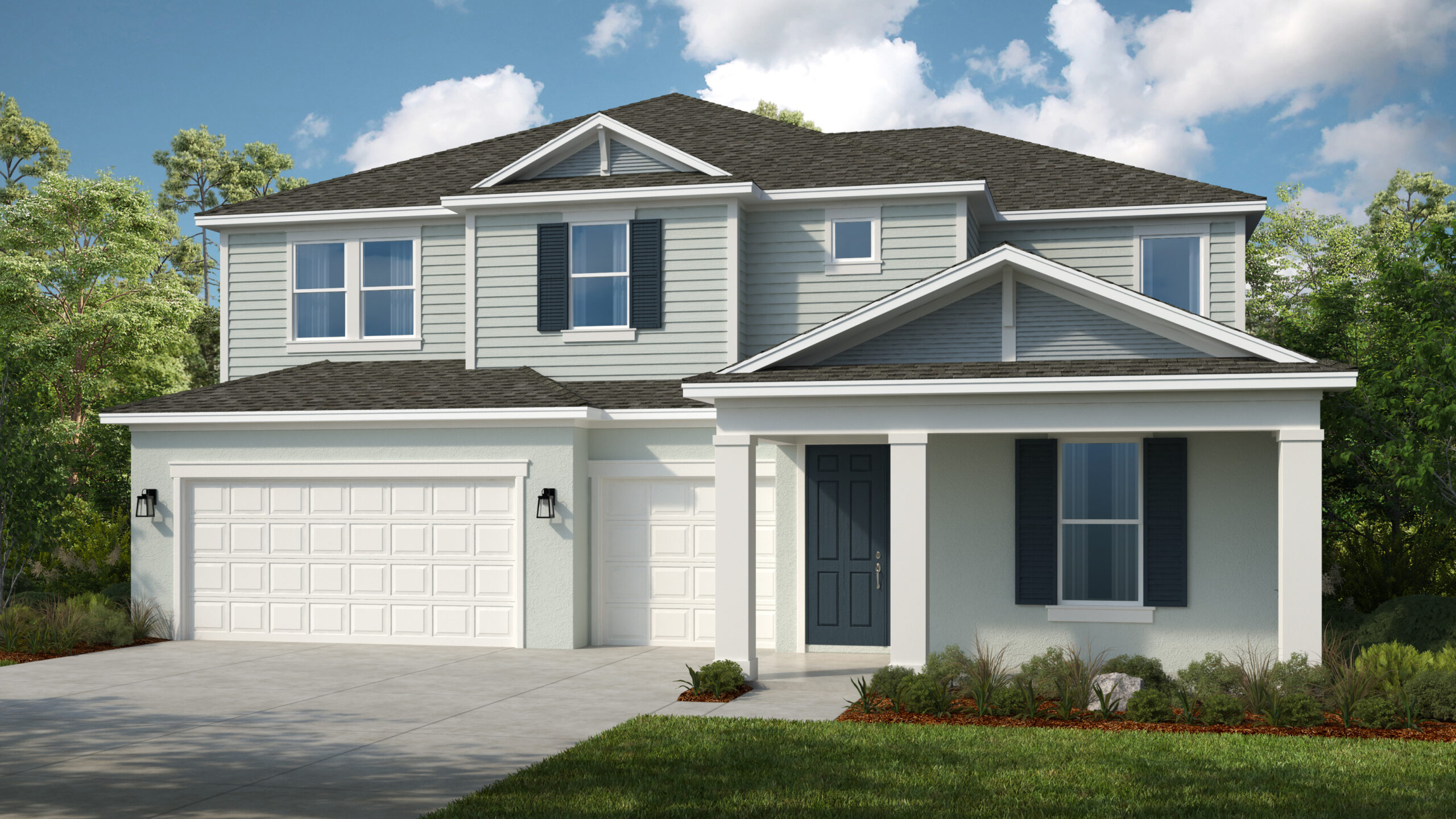Two-story modern suburban house with light gray siding, white trim, a dark gray roof, a covered front porch, black shutters, and a three-car garage, surrounded by green landscaping and trees.