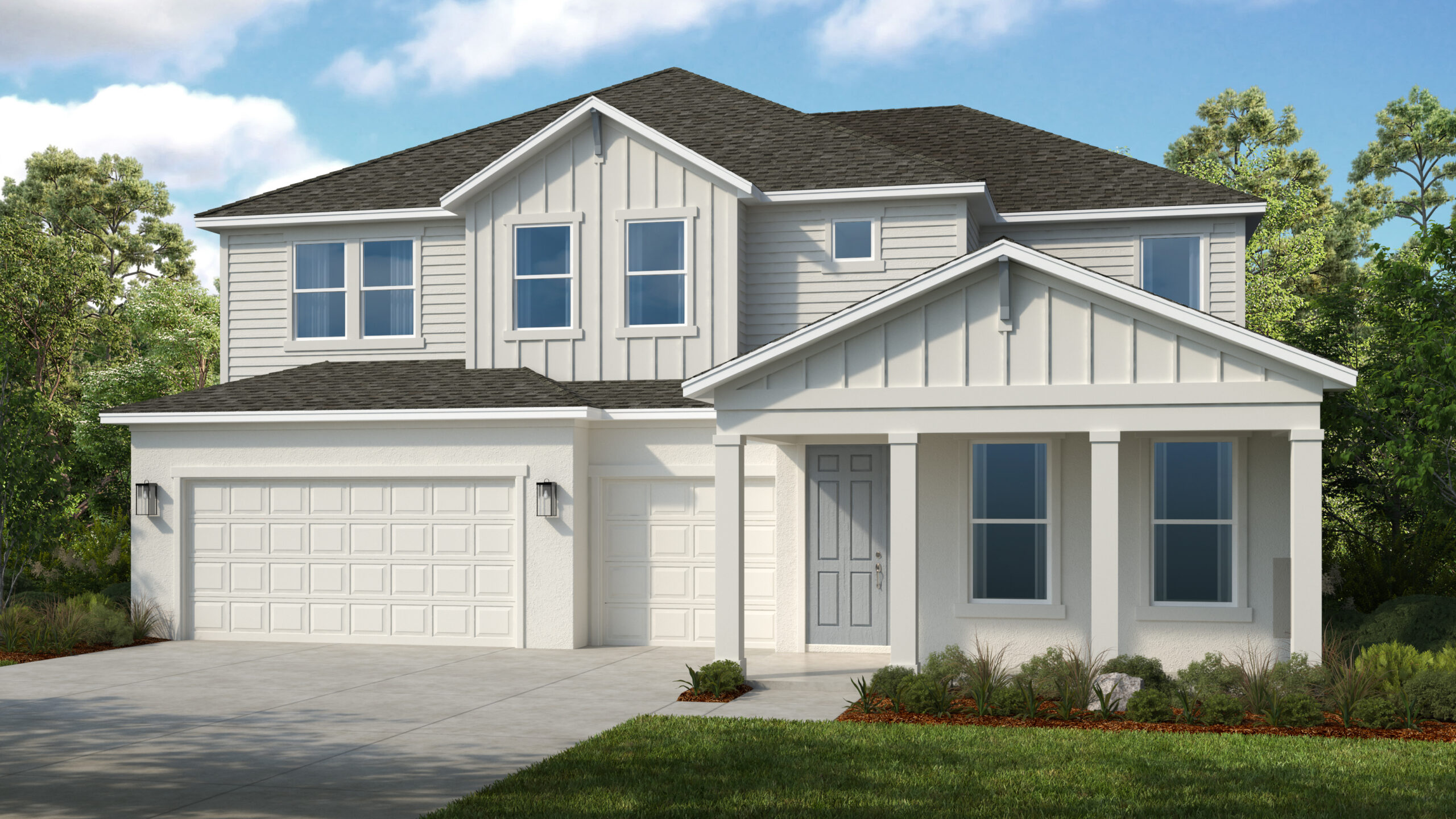 A two-story modern suburban house with white vertical siding, a dark gray roof, a front porch with columns, and a double garage. The yard is landscaped with small shrubs and a green lawn.