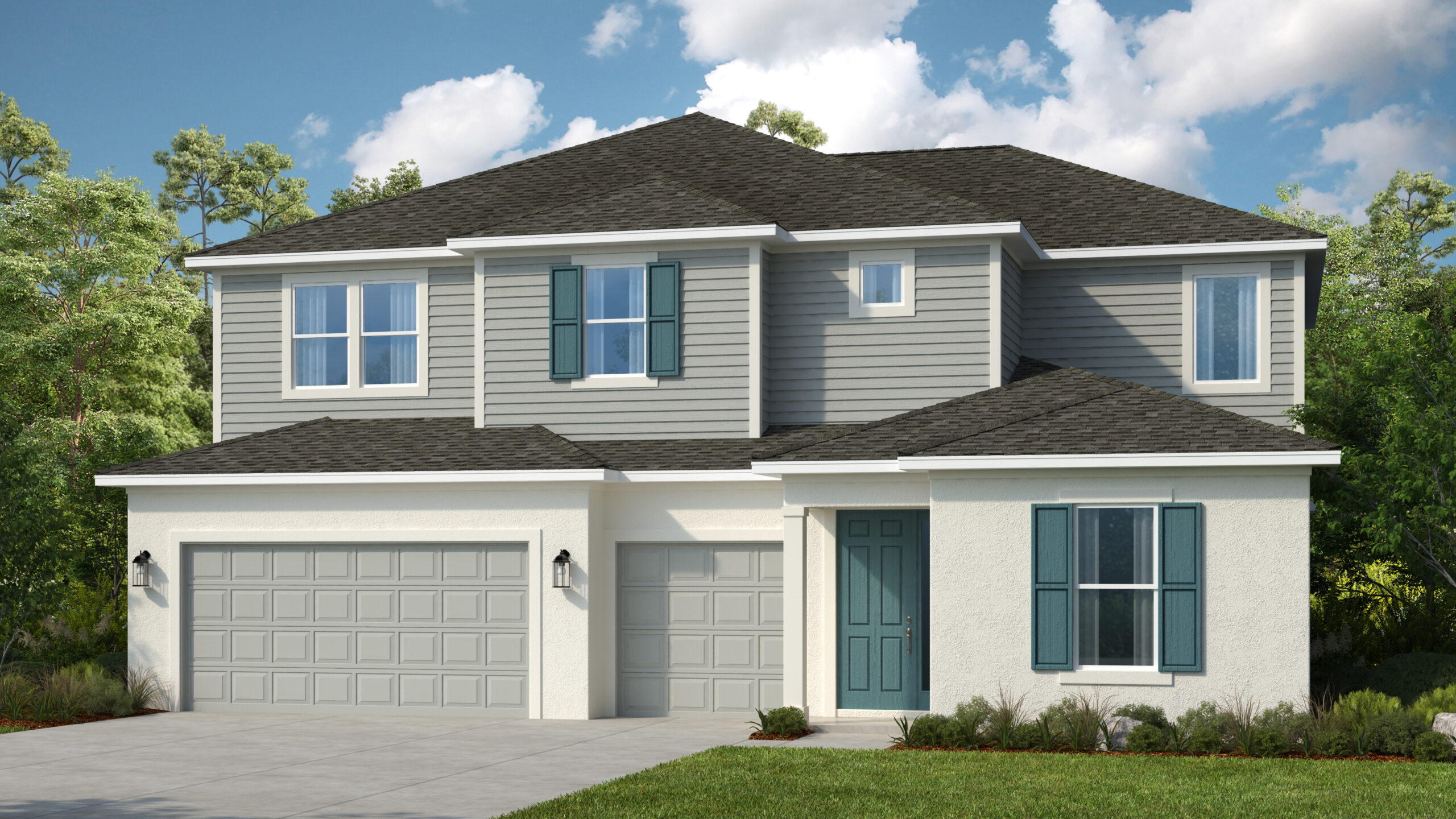 Two-story suburban house with gray siding, white trim, and teal shutters. The home features a three-car garage, a teal front door, and is surrounded by green trees and shrubbery under a partly cloudy sky.