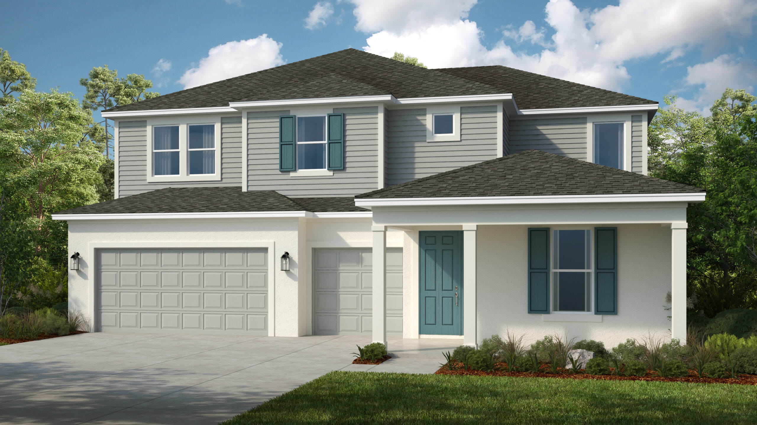 A modern two-story house with gray siding, white trim, a three-car garage, blue shutters, and a blue front door. The yard is landscaped with small bushes and a concrete driveway. The sky is partly cloudy.