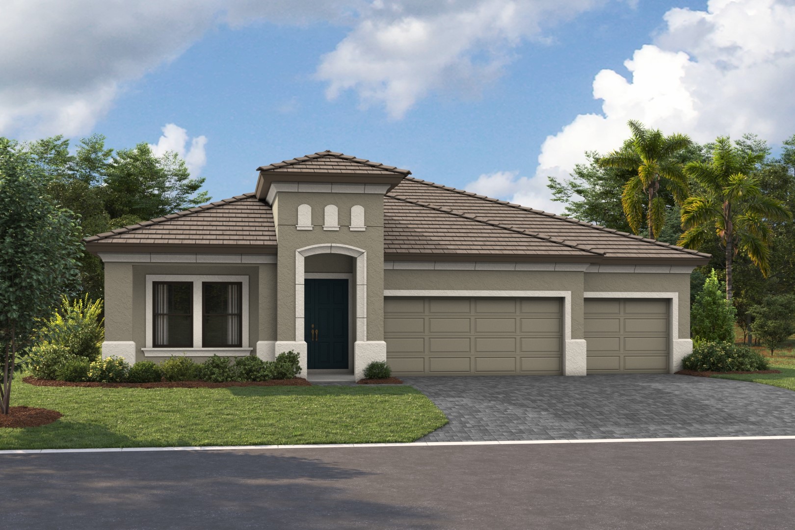 Single-story modern house with a tiled roof, light-colored exterior, and three-car garage, surrounded by grass, trees, and shrubs under a partly cloudy sky.