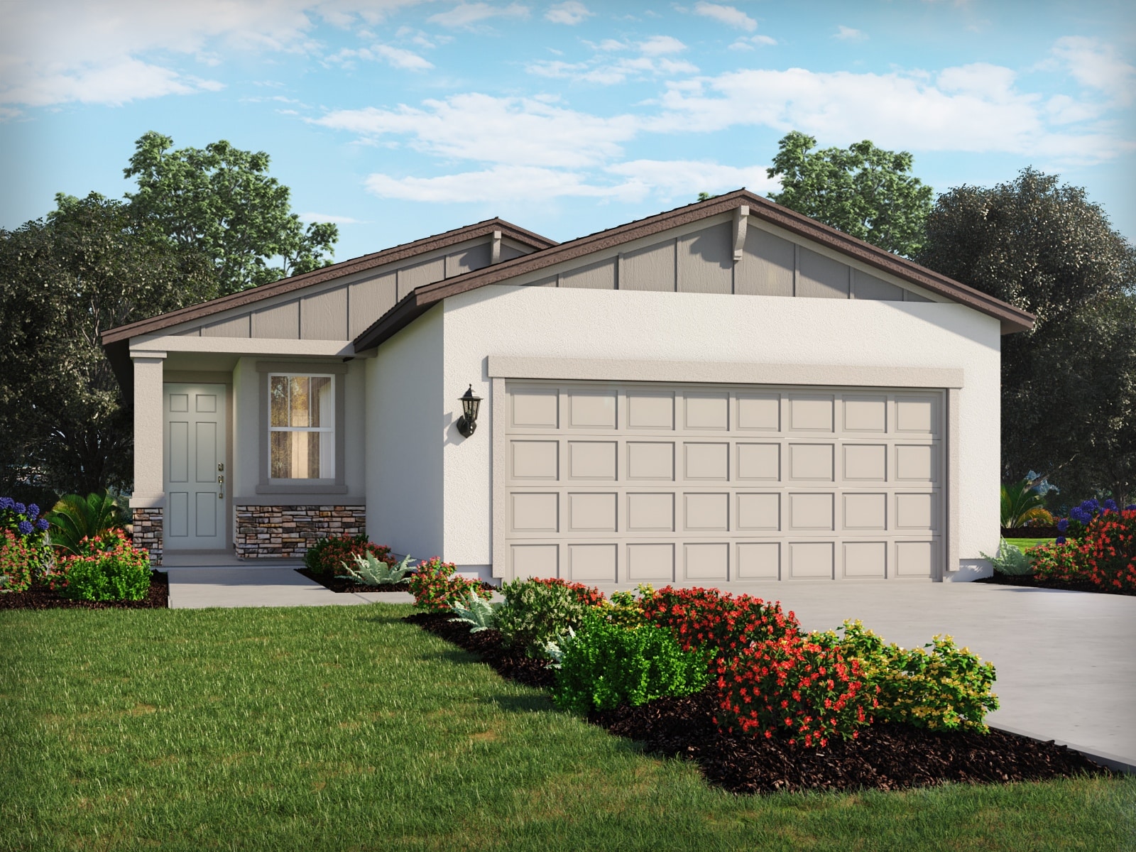 A single-story modern suburban house with a light gray exterior, a double garage, a covered porch, manicured lawn, and colorful flower beds, surrounded by lush green trees under a partly cloudy sky.